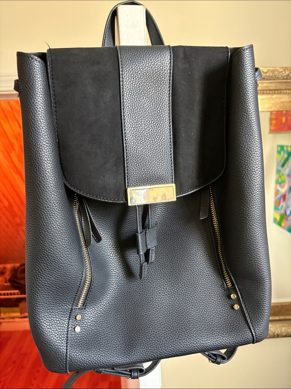 Topshop Black Pebbled Leather & Suede Flap Backpack with Gold Hardware - Picture 11 of 11